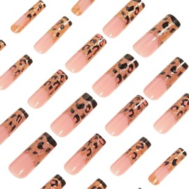24pcs Coffin False Nails French Tip - Extra Long Press on Nails - Elegant Glitter Leopard Stick on nails for Women - Long Fake Nails with Glue - Hard Wearing French Manicure nail Tips Full Cover
