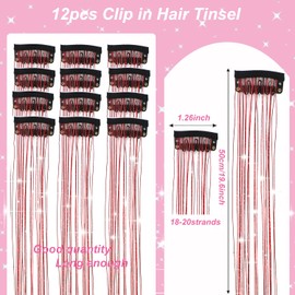 12Pcs Hair Tinsel Clip in 19.6Inch Red Tinsel Hair Extensions Heat Resistant Fairy Hair Tinsel kit Shiny Sparkle Glitter Hair Accessories for Women Girls Kids