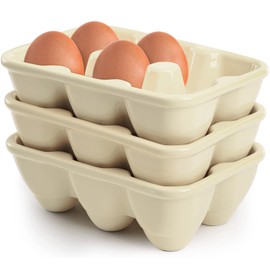DEAYOU 3-Pack 18 Cups Ceramic Egg Tray, 6-Cup Porcelain Egg Holder Container, Decorative Egg Keeper Storage Organizer, Small Egg Dispenser Serveware for Countertop, Fridge, Serving, Kitchen, Yellow