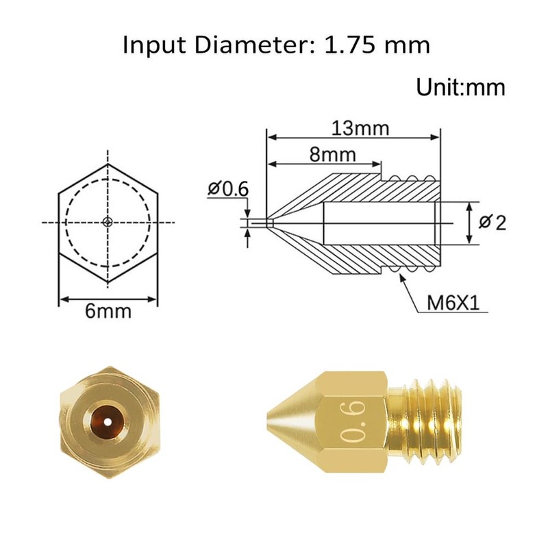 Aokin 8 Pcs 0.6mm MK8 Extruder Nozzles 3D Printer Nozzles