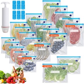 EMAGIE Bolsas Reutilizables para Alimentos - 22 Piezas Bolsas de Vacio Con Bomba de VacíoBolsas Reutilizables de Doble Uso para Conservar la Frescura el Vacío Para Almacenar Verduras Frutas y Cereales