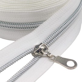 MebuZip #5 Silver Metallic Nylon Coil Zippers by The Yard Bulk Coil Zipper Roll 10 Yards with 25pcs Pulls for DIY Sewing Craft Bags (White)