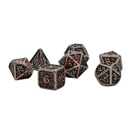 Seven Seas Pirates Antique Silver Metal Dice Set Splattered with Blood-Like Paint, Encased in a Six-Sided Wooden Display Box with Magnetic Lid