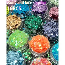 DAFNE Body Glitter Gel 60 ml, Pack of 10 Body Face Glitter Mermaid Sequins Liquid Gel Kit, Long-Lasting Glitter Chunky Powder for Festival Masquerade Birthday Makeup