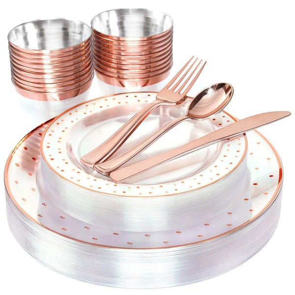 BUCLA 25guest Rose Gold Plastic Plates with Disposable Silverware&9oz Cups- Dot Plastic Dinnerware include 25Dinner Plates, 25Salad Plates, 25Forks, 25Knives, 25Spoons, 25Cups