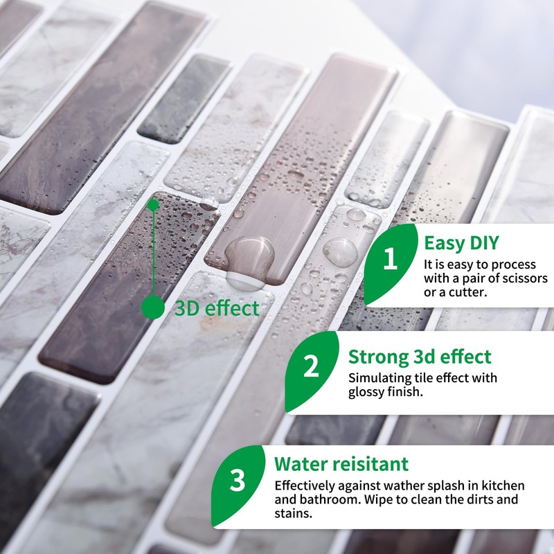 LONGKING Self-Adhesive Kitchen Backsplash, Marble Look Decorative Tiles (10 Tiles)