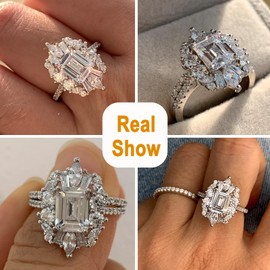 Blongme 3 CT Vintage Emerald Cut Wedding Ring Set Engagement Rings for Women 925 Sterling Silver AAAAA Cubic Zirconia Size 8