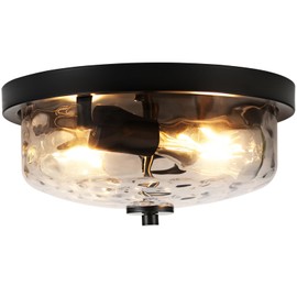 foucasal Black Flush Mount Ceiling Light, Farmhouse Hallway Light Fixtures with Water Ripple Glass Shade 2-Light Outdoor Flush Mount Lights for Porch Ceiling, Kitchen, Foyer, Entryway, Dining Room