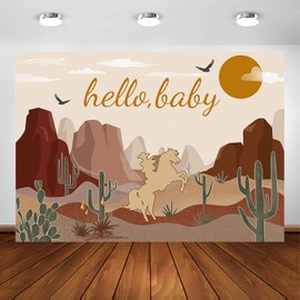 Avezano Hello Baby Baby Shower Backdrop Retro Cowboy Baby Shower Party Decorations Western Desert Cactus Cowboy Horse Party Photoshoot Background Supplies (7x5ft)
