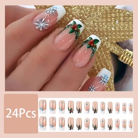 Christmas Holly Leaves Press on Nails Christmas Snowflake Fake Nails Medium Coffin False Nails Winter Holiday Stick on Nails White French Tips False Nails for Women Girls Winter Holiday Manicure 24pcs