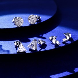 3 Pairs Moon Stud Earrings for Women and Men，14K Gold Plated Dainty Hypoallergenic Cubic Zirconia Disc Earrings Set, gold plated copper, Cubic Zirconia