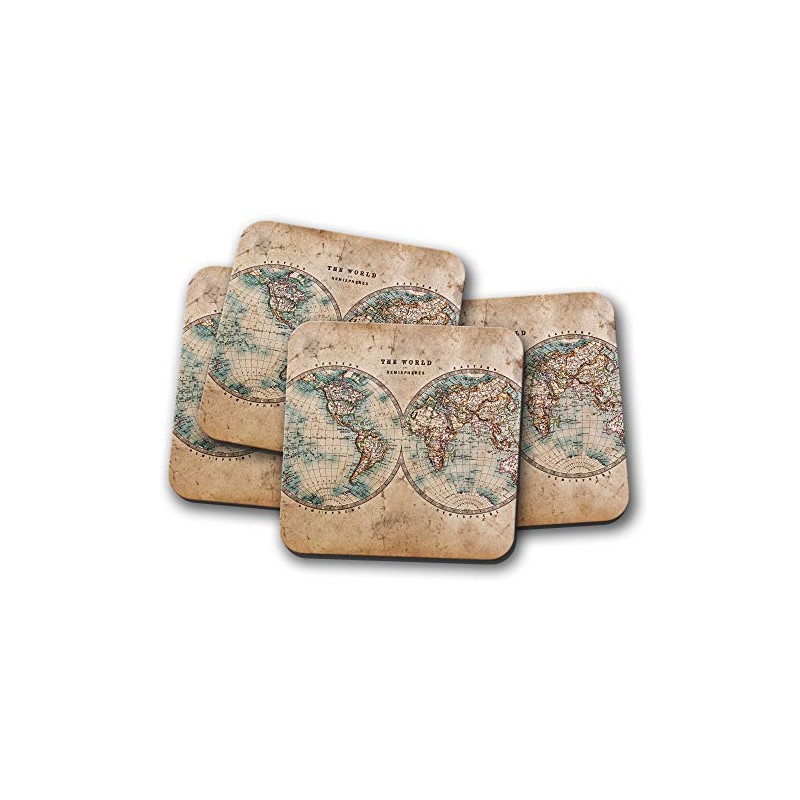 4 Set - Vintage World Hemispheres Map Coaster - Rustic