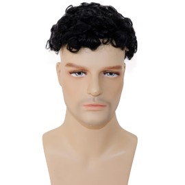 Lishy Toupee for Men Curly Wigs Hand Tied Swiss Lace Front with Monofilament and Poly Coating Around European Human Hair Replacement Systems Man Hairpiece 10x8 inches (#1 Jet Black Color, 10x8INCH)