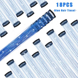 Nielp 18 Pcs Hair Tinsel Clip in, 20.5 Inch Glitter Tinsel Hair Extensions, Shiny Sparkling Fairy Hair Tinsel Clips, Dazzling Party Hair Accessories for Girls Women Kids (Sapphire blue)