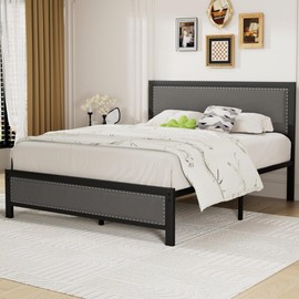 VECELO Queen Size Bed Frame with Upholstered Headboard, Heavy-Duty Platform with Strong Steel Slats, No Box Spring Needed, Easy Assembly, Grey & Black