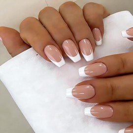 SXVME Uñas postizas de gel suave para mujer, color blanco, punta francesa, cortas, con pegamento, 30 unidades.