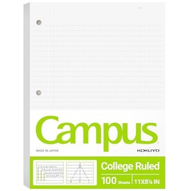 Kokuyo Campus Papel de Hojas Sueltas para Carpetas de 3 Anillas, 8-1/4"x11", Papel de Cuaderno Rayado Universitario, 100 Hojas, 70 GSM Papel Liso Japo