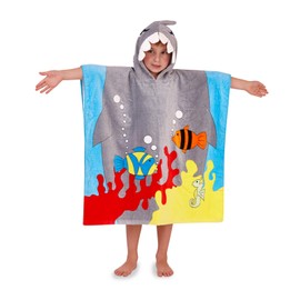 Children's Hooded Towel Beach Poncho Cotton Swimming Pool Bath Towel, Shark