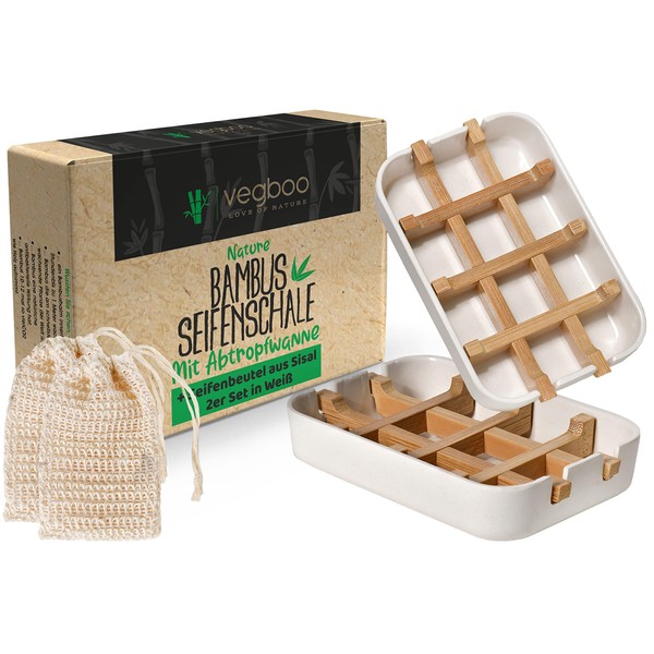 vegboo® Bamboo Soap Dish Set - 100% Plastic-Free 2 Soap Holder Box in White with Drip Rack and Sisal Soap Bag - Ideal as a Bowl for Natural Soap in the Bathroom, Shower, Kitchen & Travel
