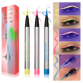 3PCS Colors UV Neon Liquid Eyeliner Colorful Waterproof Eyeliners Pen for Festival Makeup Smudge-proof Pigmented Liners Face Paint Pens for Festivals, Parties, Masquerade, Fancy Dress, Carnival Makeup