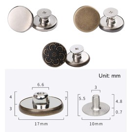 ICEYLI 17mm Replacement Jeans Buttons, 12 Sets Perfect Fit Instant Adjustable Pants Button,No-Sew Nailess Removable Metal Buttons Replacement Repair Combo Thread Rivets and Screwdrivers (style2)