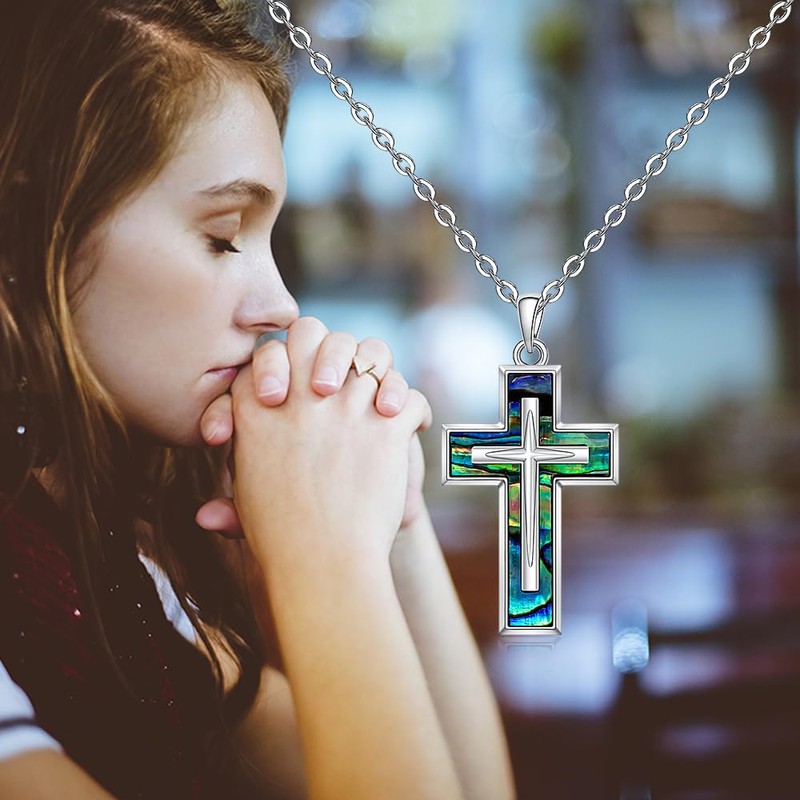 Abalone Cross Necklace for Women Sterling Silver Cross Pendant Jewelry