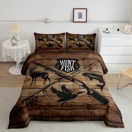 Retro Hunt Fish Bedding Comforters Queen Size,Retro Farm Wooden Board Comforter Set with 2 Pillowcases,Deer Bird Fish Animal Hunting 3pcs Children Adult Duvet Set,Soft