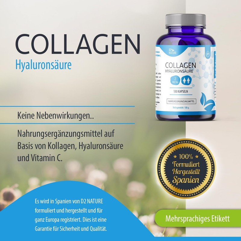 Collagen + Hyaluronic Acid - 180 Capsules - Enriched with