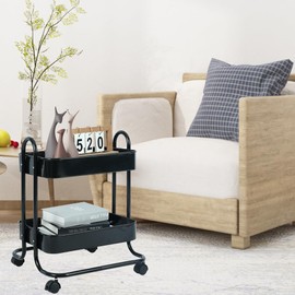 Melody House 2 Tier Metal Mesh Utility Rolling Cart Storage Organizer with Lockable Wheels for Office Kitchen Living Room Laundry Bathroom Black