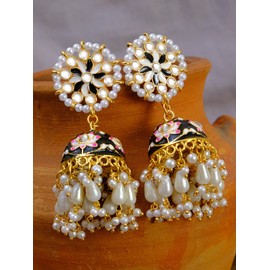 Crunchy Fashion Bollywood Jewelry Traditional Ethnic Bridal Bride Wedding Gold Plated Indian Designer Kundan Studded Black Floral Meenakari Jhumka Jhumki Earrings For Women