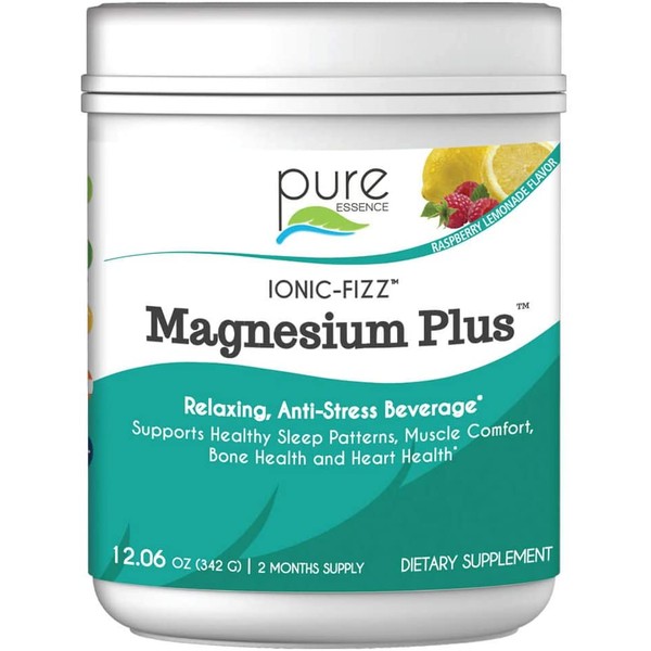 Pure Essence Labs Ionic Fizz Magnesium Plus - Calm Sleep Aid and Natural Anti Stress Supplement Powder - Raspberry Lemonade - 12.06 oz