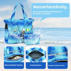 LOIDOU Large Beach Bag with Zip Waterproof Sandproof Swimming Pool Bag Shoulder Bag Shopping Bag with Zip Travel Bag Family Beach Tote, sea turtle.