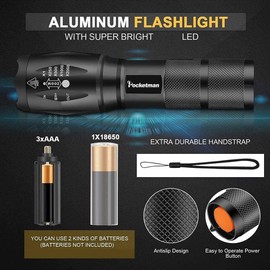 Pocketman LED Tactical Flashlight Super Bright LED Flashlights Portable Outdoor Water Resistant Torch with 5 Light Modes（1Pack）