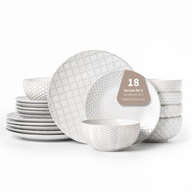 FOBENTA 18 Piece Embossed Dinnerware Sets for 6, Scratch-Resistant Plates and Bowls Sets, Microwave & Dishwasher Safe, Elegant Stoneware for Family Gatherings – A Gift for Growing Households