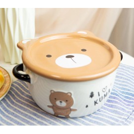 Pack Of 2 Brown And Beige Kuma Bear Porcelain Kids Food Bowls 25Oz W/ Lid Plate