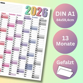 Year Planner Wall Calendar 2026 - DIN A1 Wall Planner - Large XXL Annual Calendar Folded - with Holidays and School Holiday Overview - Optimal Year Planning and Holiday Planner (Colourful, 1)