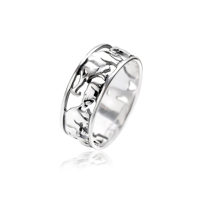 Materia Women's Band Ring Elephant Herd with Baby 925 Sterling