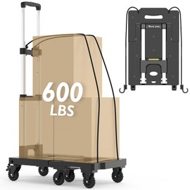 TOOLIOM Folding Hand Truck, 600 lbs Heavy Duty Foldable Luggage Cart with 7 Tank Wheels, Portable Collapsible Dolly Cart with Extendable Base, Utility Cart with Brake Wheels
