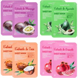 Kit de 8 Mascarillas Faciales Sheet Tela, Extracto Natural de Fruta Aguacate Granada Coco y Maracuya, Aditivos Free, Skin Care Mascarilla Facial Hidratar, Calmar y Oil Control (Pack 8)