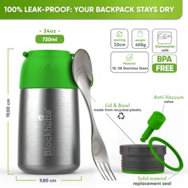 Blockhütte Stainless Steel Thermal Lunch Box for Adults and Kids I 730ml I Thermal Food Flask with Spork I BPA Free Soup Flask for 14h Hot Meals I for Porridge and Meal Prep – Light Green