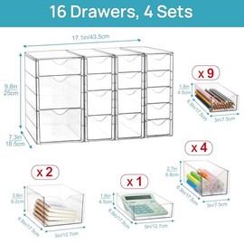 Vtopmart Organizador acrílico con 16 cajones (4 juegos), cajones de almacenamiento transparentes para suministros de oficina, organización y almacenam
