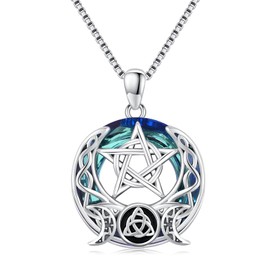 EErMamo Pentagram Necklace 925 Sterling Silver Pentacle Triple Moon Goddess Crystals Pendant Wiccan Pagan Jewelry Gifts for Women