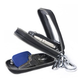 Guolich Car Key Chain Bag Double Zipper Leather Protection Key Coin Holder Keyring with Transparent Window for Car Key Remote Control (BLACK)