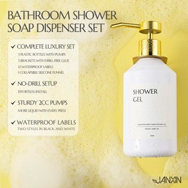 JANXIN Shampoo and Conditioner Dispenser Set of 3 for Wall Mount,16.9 fl oz Drill Free Shower Soap Bottles with Labels,Refillable Body Wash Dispensers for Bathroom Decor (White Bottles + Gold Pumps)