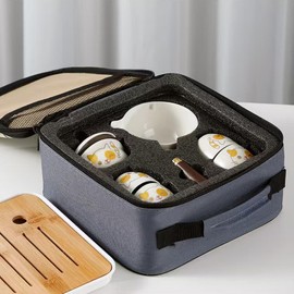 Scizorito Ceramic Portable Travel Tea Set, Chinese Kungfu Tea Set with 360 Rotation Teapot and Infuser, 4 Tea Cups, Tea Tray And Travel Bag (Cute Cat)