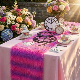 Frienda 1 Pc Wonderland Tea Party Decoration 12 x 63 in Pink Striped Table Runner Wonderland Garden Tea Party Decoration Pink Table Runner for Garden Birthday Baby Shower Supply Photo Props (Plush)