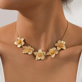 Chunky Gold Flower Necklace for Women,Trendy Gold Layered Floral Pendant Chain Choker Fashion Statement Wedding Bridesmaid Dating Party Costume Necklace Jewelry (F)