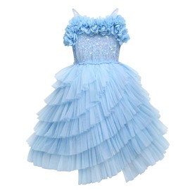 Little Girl Spaghetti Strap Swan Princess Feather Fringes Tutu Flower Dress Pageant Wedding Birthday Short Tiered Gown Kids Cute Backless Dress Toddler Party Tulle Cotume Blue-Flower 5-6 Years