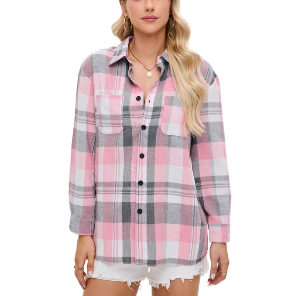 EasyFair Womens Button Down Plaid Shirts Oversized Long Sleeve Collared