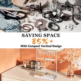 DreamGenius Jewelry Organizer Stand with Velvet Ring Holder, 4 Tier Jewelry Holder Organizer with 15 Hooks for Necklaces and 16 Holes for Earrings, White